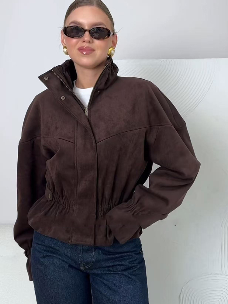 Women'S Fashion Utility Jacket - Женская куртка-бомбер из искусственной замши с